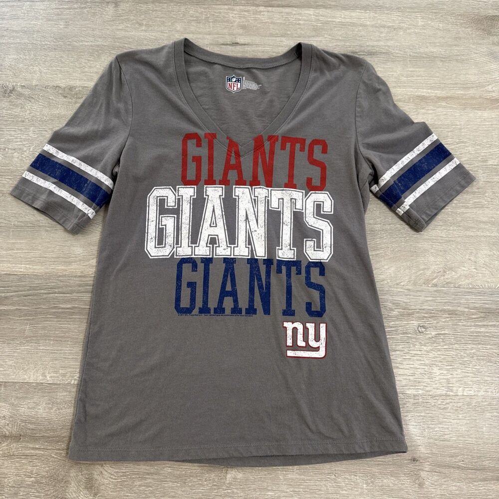 New York Giants Shirt NFL Women’s Gray Small V Neck Striped Sleeve Cotton Blend